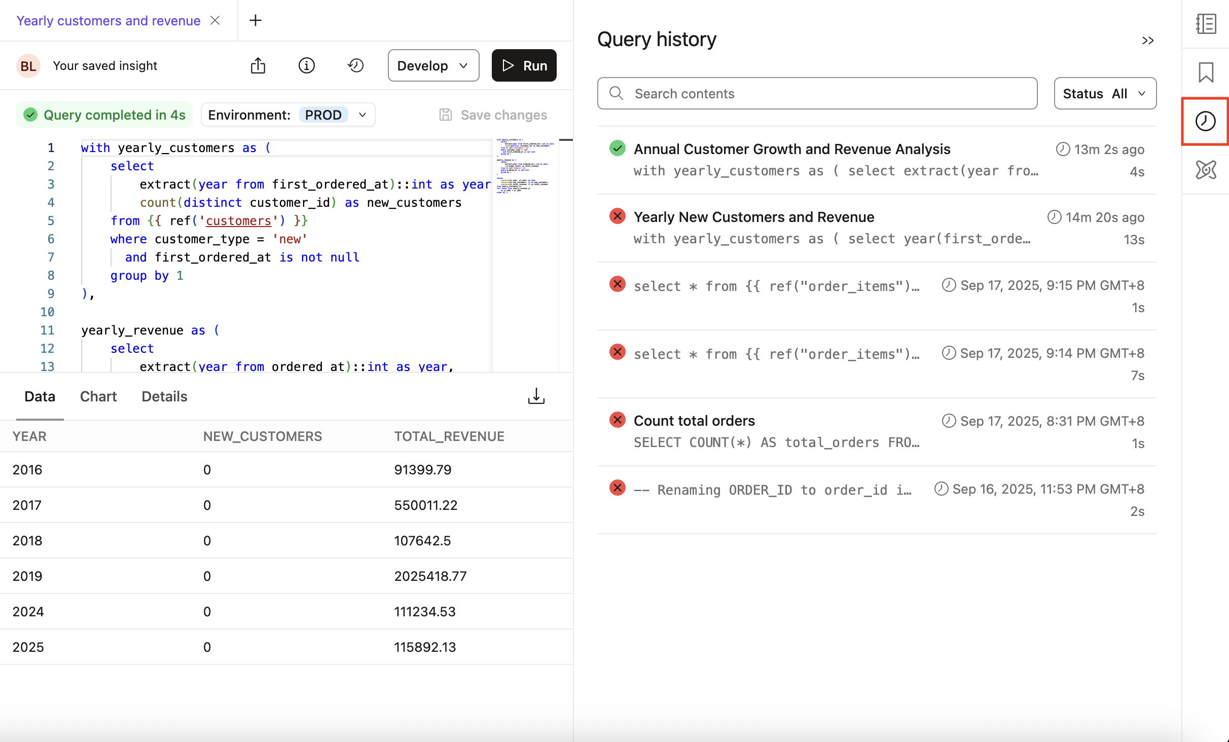 dbt Insights Query history icon